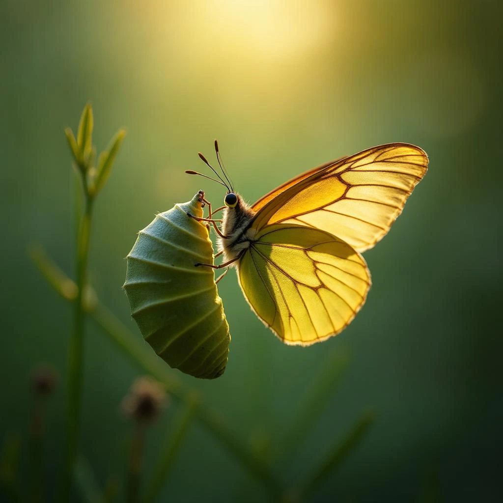 Motyl siedzący na zielonym kokonie w ciepłym świetle